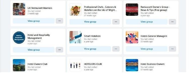 Facebook Groups — 20 UK restaurant owner and hospitality groups joined for organic group promotion strategy