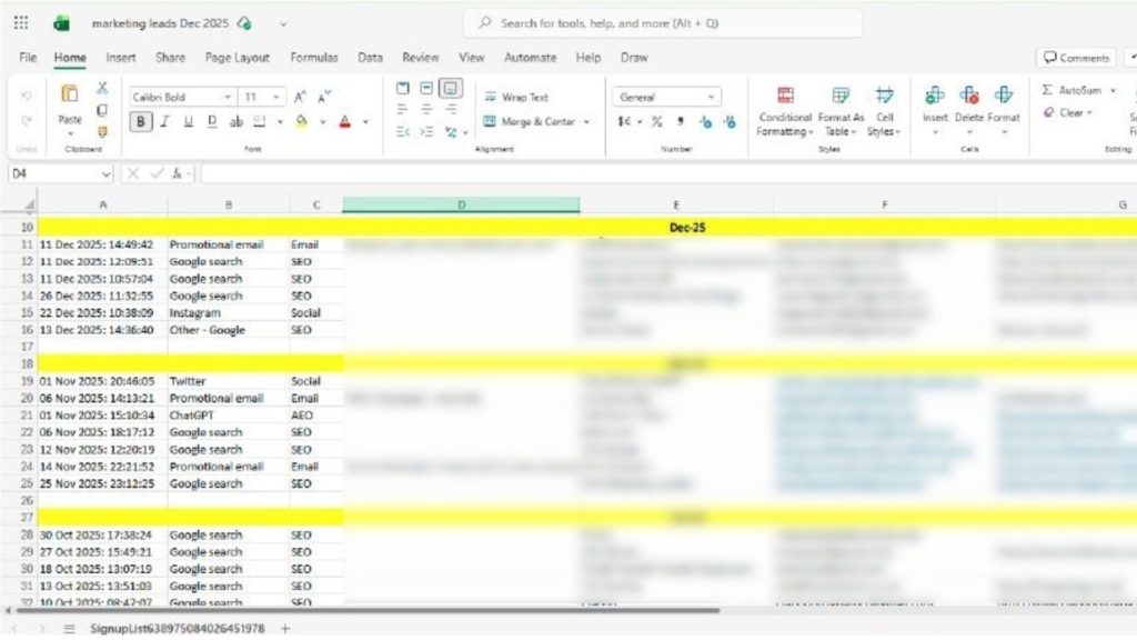 Lead Logging — SharePoint Excel sheet: every inbound lead tagged by source (Google Search, Email, Social, Direct), restaurant name, and contact details